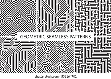 Collection of striped seamless geometric patterns. Black and white texture. Digital backgrounds.