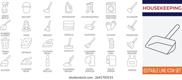 A collection of stroke icons representing housekeeping tools and cleaning equipment. Includes mop, detergent, sponge, gloves, spray bottle, and more.