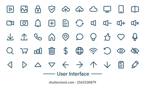 Collection of stroke line icons about social media, contact, web, technology. User interface icon.