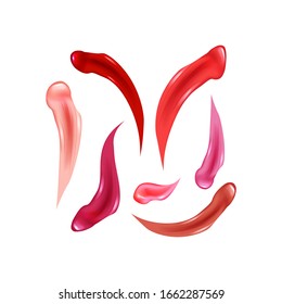 Collection of strokes of lipsticks various colors isolated on white background.Design elements of decorative cosmetics for shops, posters, flyers.Vector illustration.