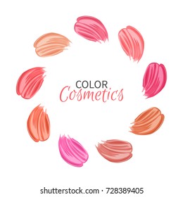 Collection of strokes of lipsticks various colors isolated on white.Vector illustration of a smears lipstick for design of advertising posters, leaflets for the promotion of decorative cosmetics