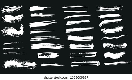 Collection of strokes made with white brush on black background, grunge elements, white rectangular strokes drawn with wide brush of different sizes, set of strokes for brushes and design