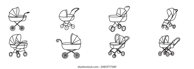 
Collection stroller isolated in doodle style. Hand drawn vector art. 