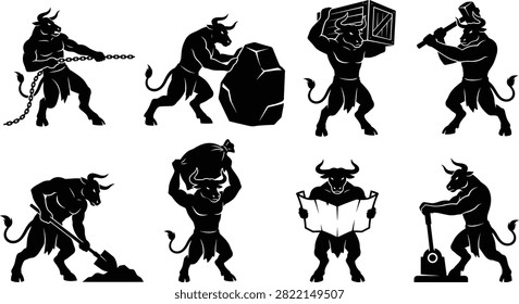 A collection of strong black vector minotaur silhouettes performing heavy labor tasks like pulling chains, pushing boulders, carrying crates, and digging for mythical sports and mascot designs.