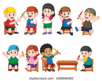 the collection of the student doing the activity and holding the brush paint and pencil