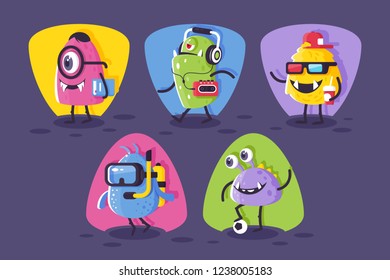 Collection student, footballer, diver monsters with horrible elements for halloween. Concept modern set creatures for event. Vector illustration.