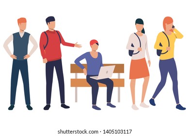 Collection of student girls and boys at school break. Group of high school students with bags and devices. Vector illustration can be used for advertisement, student life, promo