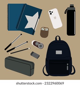 Colección de artículos para estudiantes para la preparación de estudios universitarios. Bienes en forma de libros, lapiceros, lápices, cuadernos, borradores, tipos, bolsas, auriculares, cuadernos, botellas de bebida y teléfonos móviles