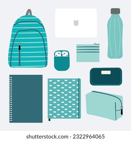 A collection of student items for preparation for university and back to school. A series of blue items in the form of stationery, bags, laptops, headsets, wallets and drinking bottles