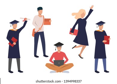 Collection of students in graduation gown. Flat cartoon characters graduating from college. Vector illustration can be used for commercial, leaflet, presentation