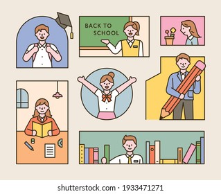 A collection of students wearing school uniforms. A composition in which children are studying in various types of frames. flat design style minimal vector illustration.