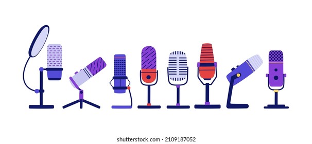 Collection of studio microphones for recording audio and music. Flat isolated vector illustration
