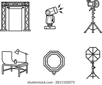 A collection of studio photography equipment and setup including a backdrop stand flash studio strobe tripod chair desk lamp softbox and umbrella reflector on transparent background