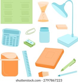 A collection of study essentials including a desk lamp, calculator, notebook, ruler, pen, pencil, hourglass, eraser, and stationery accessories. Designed to represent focused learning, schoolwork, classroom preparation, and educational productivity.
