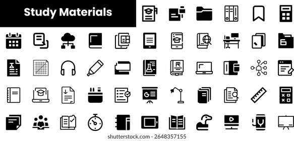 A collection of study materials icons, featuring various educational tools and resources in a simple, monochromatic design. Perfect for academic themes.