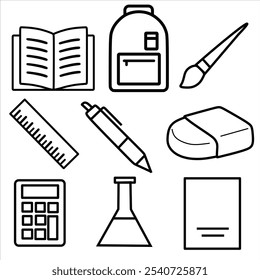 Collection of study tools icons. set of 9 outline icons of book study, pencil, eraser, bag, ruler and others