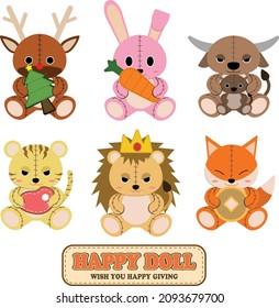 Collection Of Stuffed Animals, Deer, Rabbits, Buffalo, Tigers, Lions, Foxes, Holding Gifts, Vector Patterns White Background