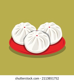 Collection of stuffed steamed bun illustrations in Chinese New Year, vector, gold background.