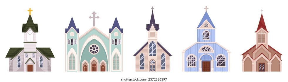 Collection Of Stunning Catholic Churches Each With Unique Architectural Beauty And Spiritual Significance, Isolated Set Perfect For Religious Or Historical-themed Projects. Cartoon Vector Illustration