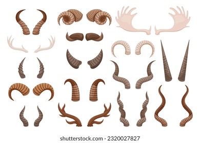 Collection Of Stunning And Diverse Animal Horns, Showcasing The Unique Shapes And Sizes Found In Nature. Perfect For Educational Purposes, Decor, Or Artistic Inspiration. Cartoon Vector Illustration
