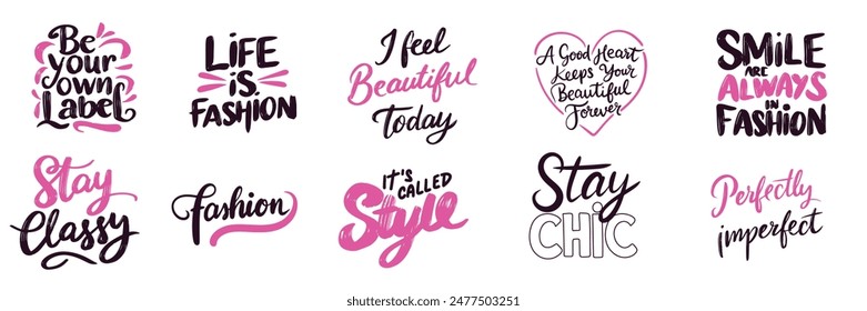 Collection of Style, Fashion text lettering. Hand drawn vector art.