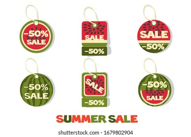 Collection of style watermelons summer sale tags or labels. Set of price tags for sale at discounts.