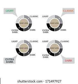 Collection of  styled coffee labels, shades of gray roast level. Vector illustration.