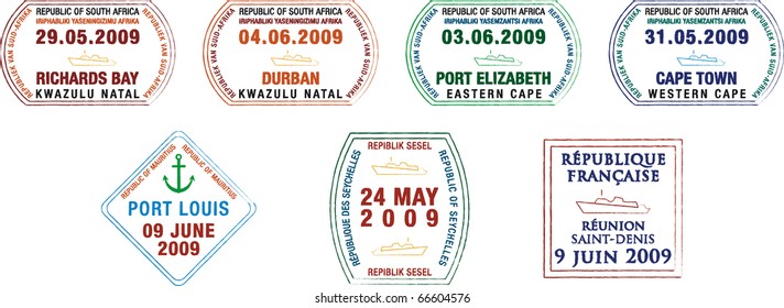 A Collection Of Stylised Vector African And Island Passport Stamps On A White Background.