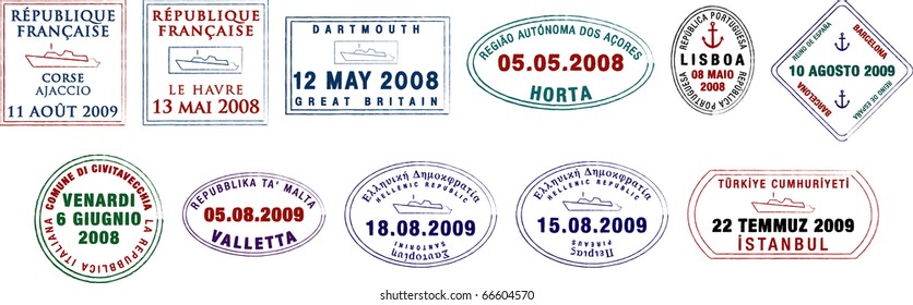 A Collection Of Stylised Vector European Passport Stamps On A White Background.