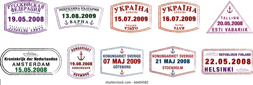 A Collection Of Stylised Vector Northern European Passport Stamps On A White Background.