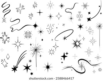 A collection of stylish black linear stars, sparks, glow effects, and magical symbols on a white background. Perfect for logo design, tattoos, social media graphics, packaging, clothing prints