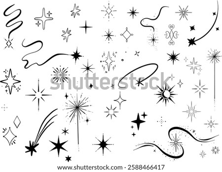 A collection of stylish black linear stars, sparks, glow effects, and magical symbols on a white background. Perfect for logo design, tattoos, social media graphics, packaging, clothing prints