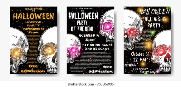 Collection of stylish black, orange, white Halloween invitation posters and cards with skulls background. Set of printable hand drawn Halloween greeting flyer templates with space for text. Vector.