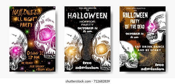 Collection of stylish black, orange, white Halloween invitation posters and cards with skulls background. Set of printable hand drawn Halloween greeting flyers templates with space for text. Vector.