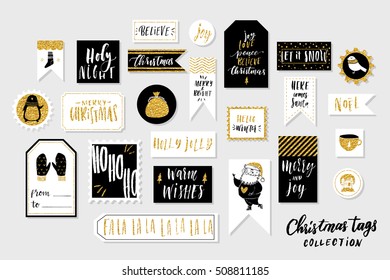 Collection of stylish black white gold New year and christmas gift cards. Set of printable hand drawn holiday stamps tags badge pins stickers greeting cards templates. Vector seasonal design