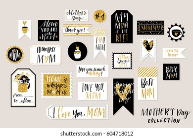 Collection of stylish black white gold Mather's day gift cards. Set of printable hand drawn holiday stamps tags badge pins stickers greeting cards templates. Vector holiday design