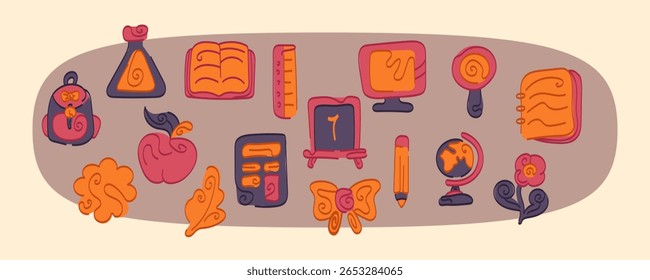 Collection of stylish and bright vector illustrations dedicated to September 1, the Day of Knowledge. Includes colorful drawings of school supplies: books, pencils, globe, school board, and more. Perf