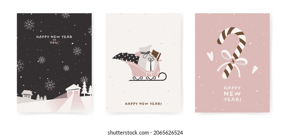 Collection of stylish Christmas cards in minimalist style. Сards with a winter house, Santa Claus sleigh and candy cane. Vector hand drawn illustration