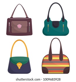 Collection of stylish colorful leather handbags with white stitching. Woman bag. Ladies handbags isolated on white background. Fashion accessories. Vector illustration in flat style.
