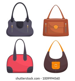 Collection of stylish colorful leather handbags with white stitching. Woman bag. Ladies handbags isolated on white background. Fashion accessories. Vector illustration in flat style.
