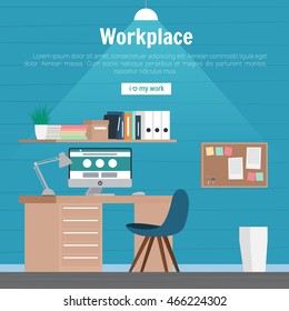 Collection stylish colors business work flow items elements, things, equipment, objects. Flat modern design concept of creative office room interior workspace, workplace. Vector illustration.