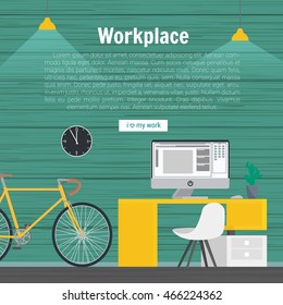 Collection stylish colors business work flow items elements, things, equipment, objects. Flat modern design concept of creative office room interior workspace, workplace. Vector illustration.