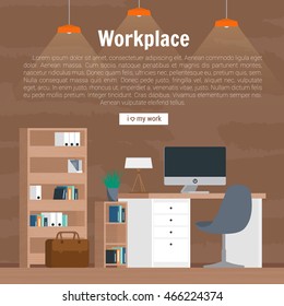 Collection stylish colors business work flow items elements, things, equipment, objects. Flat modern design concept of creative office room interior workspace, workplace. Vector illustration.