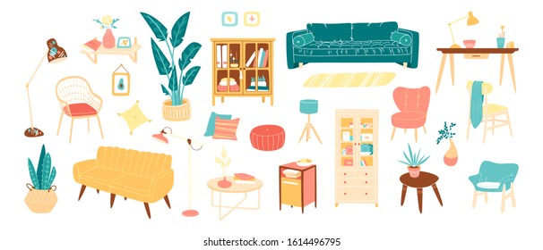 Collection of stylish comfy furniture and home decorations. Bundle of cozy furnitures icons for living, lounge rooms in trendy Scandinavian hygge style. Design creation set,  vector illustration.