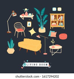 Collection of stylish comfy furniture and home decorations. Bundle of cozy furnitures icons for living, lounge rooms in trendy Scandinavian hygge style. Flat colorful vector illustration.