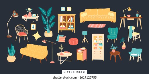 Collection of stylish comfy furniture and home decorations. Bundle of cozy furnitures icons for living, lounge rooms in trendy Scandinavian hygge style. Design creation set, vector illustration.