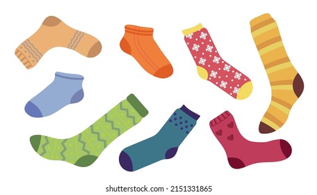 Collection of stylish cotton and woolen socks with different textures isolated on white background. Modern garment. Flat cartoon vector illustration.