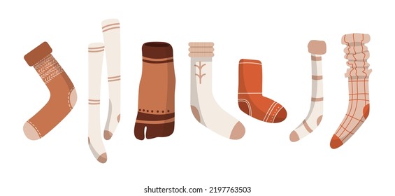Collection of stylish cotton and woolen socks with different textures isolated on white background. Bundle of trendy clothing items. Modern garment or apparel set. Flat cartoon vector illustration.