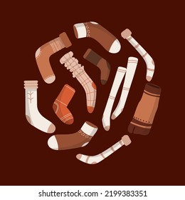 Collection of stylish cotton and woolen socks with different textures isolated on white background. Bundle of trendy clothing items. Modern garment or apparel set. Flat cartoon vector illustration.