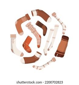 Collection of stylish cotton and woolen socks with different textures isolated on white background. Bundle of trendy clothing items. Modern garment or apparel set. Flat cartoon vector illustration.